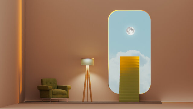 Stairs lead to the moon from a minimalist interior with a window
