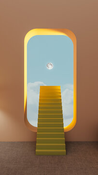 Stairs lead to the moon from a minimalist interior with a window
