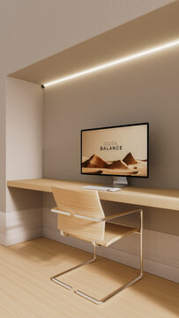 Minimalist work studio with desk and computer shows simple design