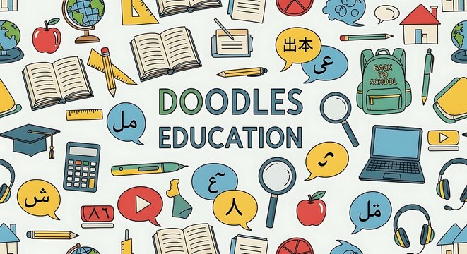 Colorful hand drawn education doodles for learning and school