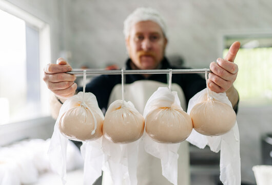 Artisan cheesemaker holding fresh hanging cheese curds