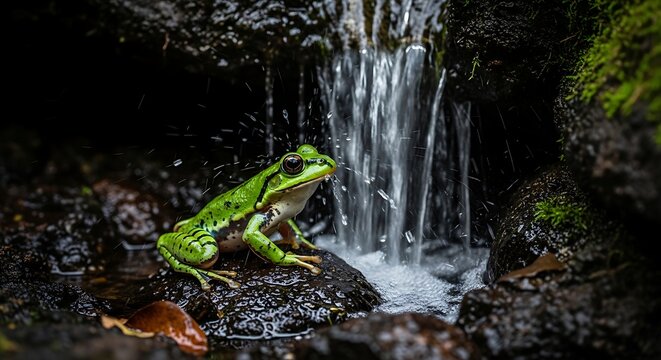 Vibrant green frog resting on dark wet rocks by a waterfall