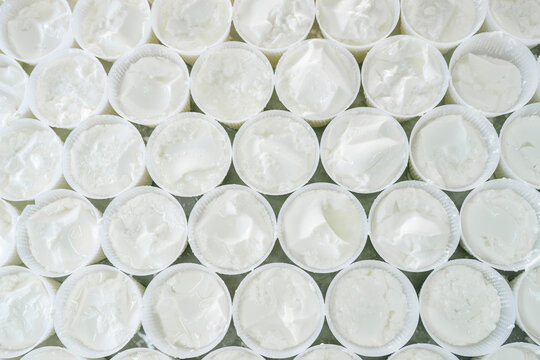 Rows of fresh artisan cheese curd being prepared