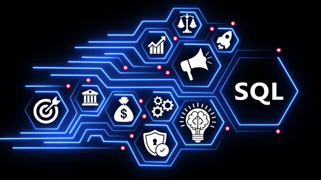 SQL business icons within glowing hexagons on a circuit board background.