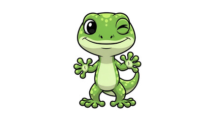 Fototapeta premium Cute green gecko cartoon with a cheerful wink and friendly smile. Perfect for mascots, kids education, stickers, storybooks, and creative design projects.