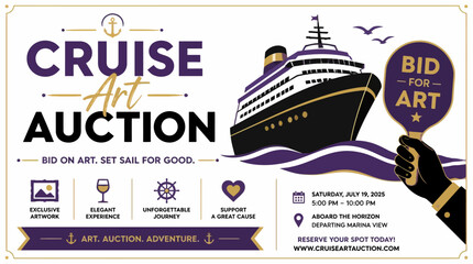 Cruise Art Auction banner with ship, gavel, art icons, date, and website © varla