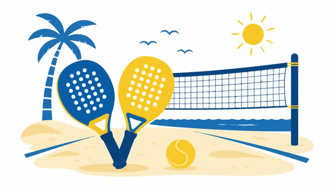 Beach racket sport setup with palm tree, sun, and net on sand, flat design