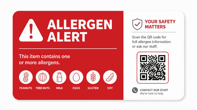 Allergen alert sign with icons for peanuts, tree nuts, milk, eggs, gluten, and soy.