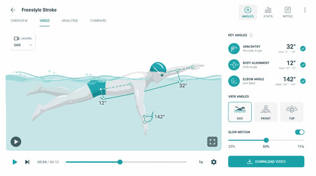 Vector illustration of a swimmer performing freestyle stroke with technique analysis data