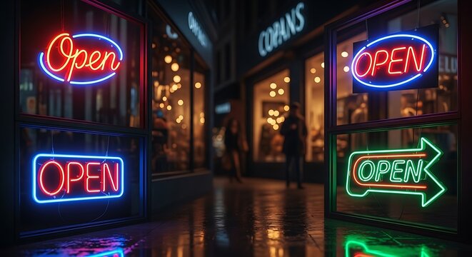 Vibrant neon open signs glowing in shop windows at night