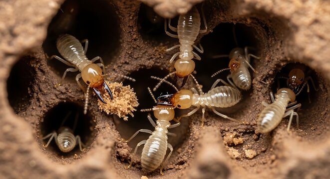 Macro shot of termites working inside their underground mound