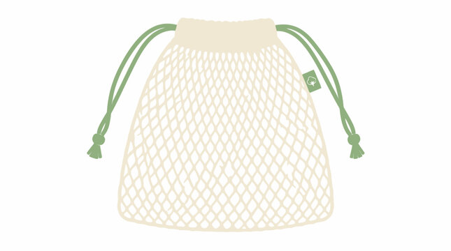 Eco-friendly mesh bag with drawstring, sustainable shopping concept, flat vector illustration