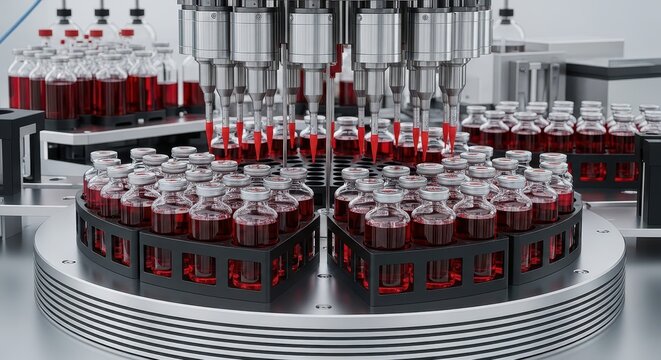 Pharmaceutical laboratory automation: robotic pipetting system processing red liquid samples