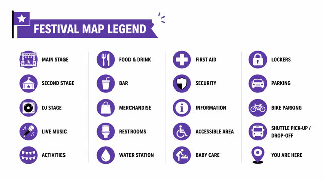 Festival map legend with icons for stages, food, amenities, and services in a clear graphic element style.