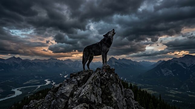 Majestic Lone Wolf Howling on Mountain Peak at Sunset