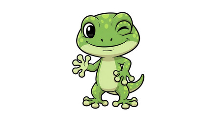 Obraz premium Cute green gecko cartoon with a cheerful wink and friendly smile. Perfect for mascots, kids education, stickers, storybooks, and creative design projects.