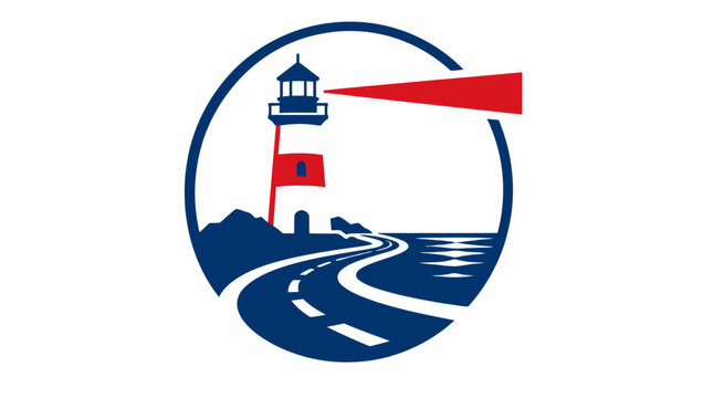 Lighthouse guiding road and sea with red beam, circular graphic element