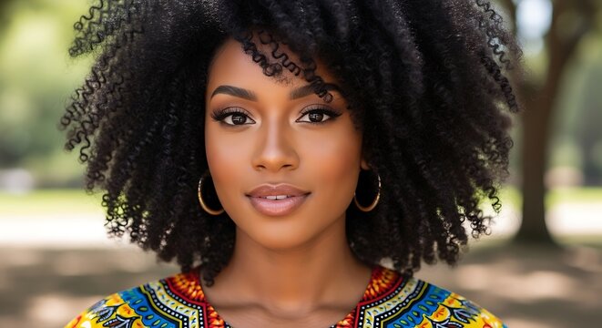Portrait of a beautiful woman with natural afro hair wearing dashiki