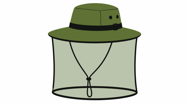 Green safari hat with insect net, cartoon graphic element