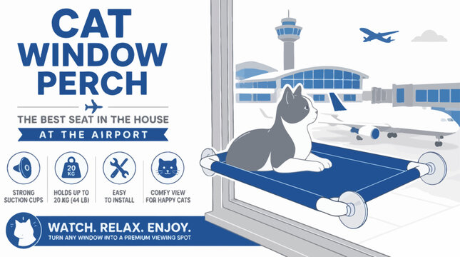 Cat window perch advertisement at airport setting, flat graphic illustration