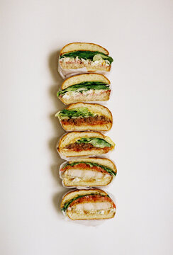 Six Assorted Sandwiches Lined Up on White Background, Overhead View
