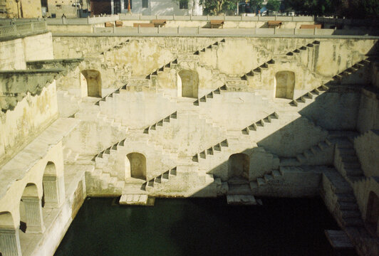 Film Photo of Ancient Stepwell Geometric Stairs, Jaipur India