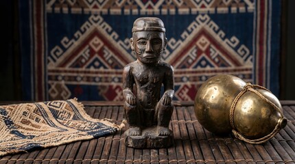 Fototapeta premium African Wooden Statue and Traditional Textiles in a Still Life