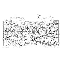 Fototapeta premium Farm landscape coloring page with barn tractor and animals in rural countryside