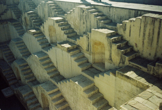 Film Photo of Ancient Stepwell Geometric Stairs, Jaipur India