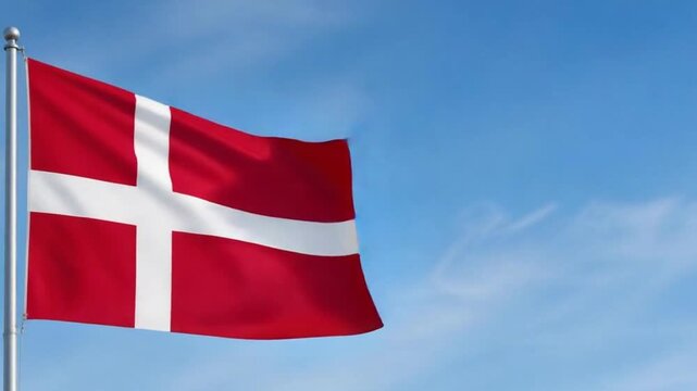 Denmark Constitution Day Flag Waving Against Blue Sky 3D Animation