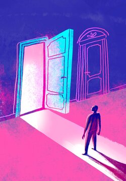 Person Standing Before Open Door with Bright Light