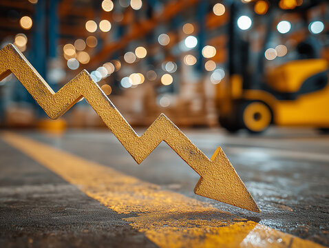 Economic Downturn: A golden arrow graph plunges downwards, symbolizing financial decline, set against the backdrop of a dimly lit warehouse with a yellow forklift.