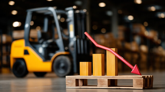 Warehouse Downturn: A forklift stands ready in a dimly lit warehouse, juxtaposed with a downward trending bar graph and a red arrow symbolizing a decline in industry or logistics.
