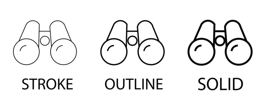 Binoculars icon set in stroke, outline, and solid styles. Minimalist optical equipment vector graphics for birdwatching, travel, and surveillance UI design.