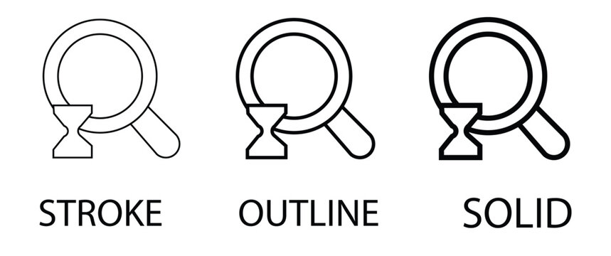 Search history icons with hourglass and magnifying glass, stroke outline and solid vector set, web browser data tracking symbols