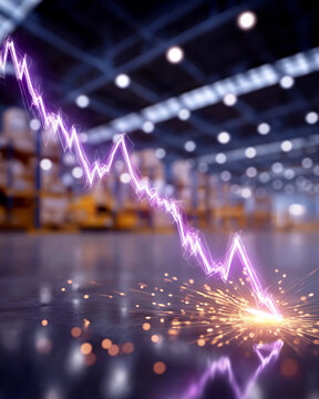 The Stock Market Crash: A dramatic visual metaphor depicting a sharp decline in the stock market, represented by a jagged purple lightning bolt crashing and sparking on a warehouse floor.