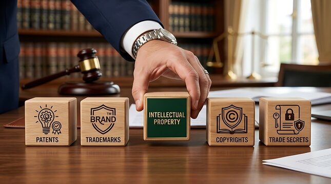 Lawyer placing intellectual property cube amidst patents, trademarks, copyrights, and trade secrets blocks on a desk with a gavel