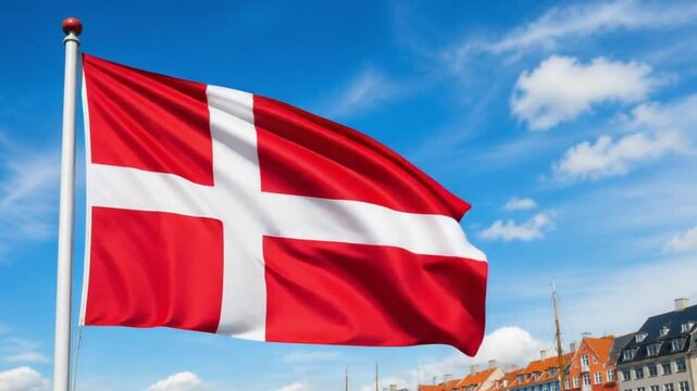 Denmark National Flag Waving in Clear Sky Constitution Day Animation