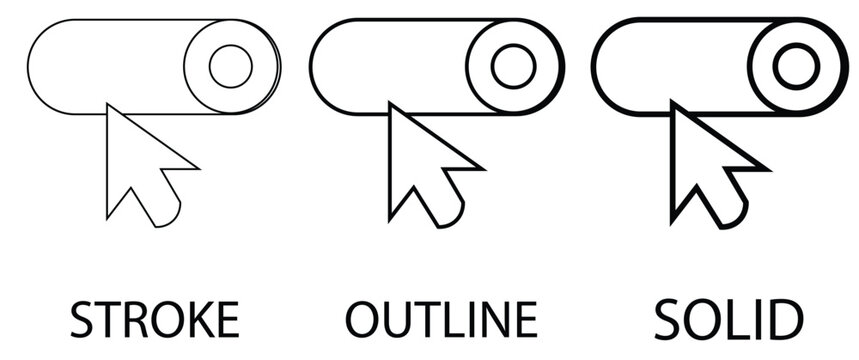 Minimalist toggle switch icon set, UI UX design elements in stroke outline and solid styles, black and white web interface buttons with mouse cursor