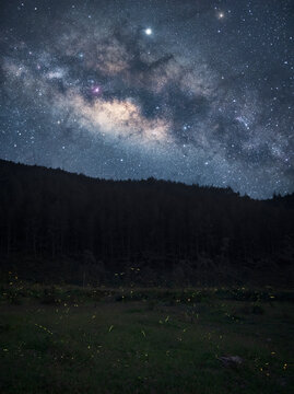 Milky way galaxy shining over fireflies in forest