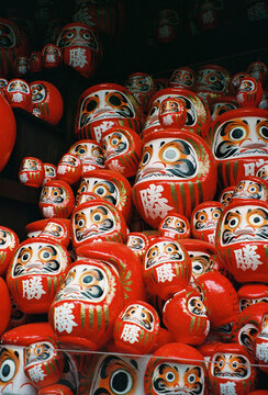
Film Photo of Red Daruma Doll Collection at Japanese Temple