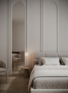 Bedroom space with accent wall with large arch mirror