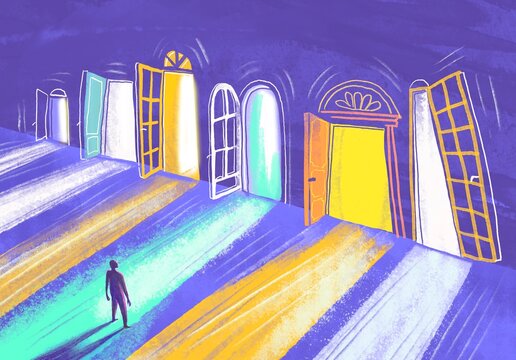 Person Standing Before Many Open Doors &ndash; Multiple Choices Concept