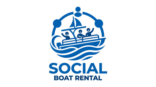 Social boat rental graphic element with people on a boat on waves, blue flat design concept