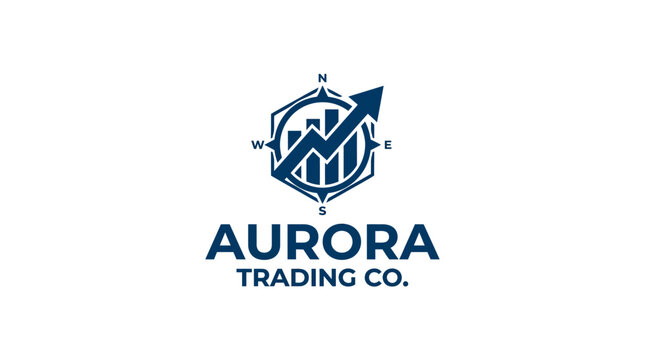 Business logo with compass, bar chart, and upward arrow in dark blue on white background