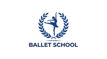 Ballet school emblem with dancer silhouette and laurel wreath, blue on white © AR99