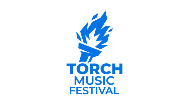 Blue torch logo with text "TORCH MUSIC FESTIVAL" on white background, graphic element for event branding