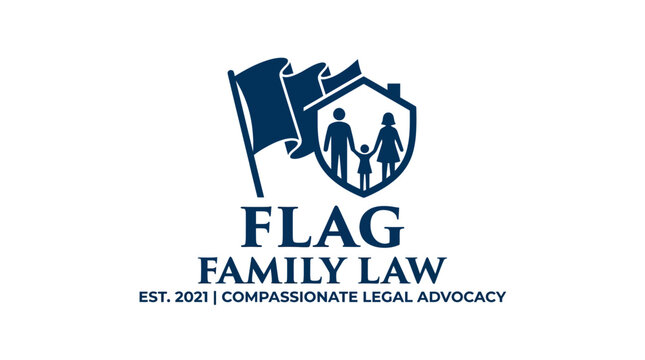 Law firm logo with flag, shield, family silhouette, and text "FLAG FAMILY LAW"