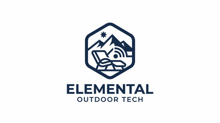 Fototapeta premium Outdoor tech logo with mountains, chair and wifi signal inside hexagon