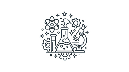 Obraz premium Laboratory equipment and scientific symbols line art icon.